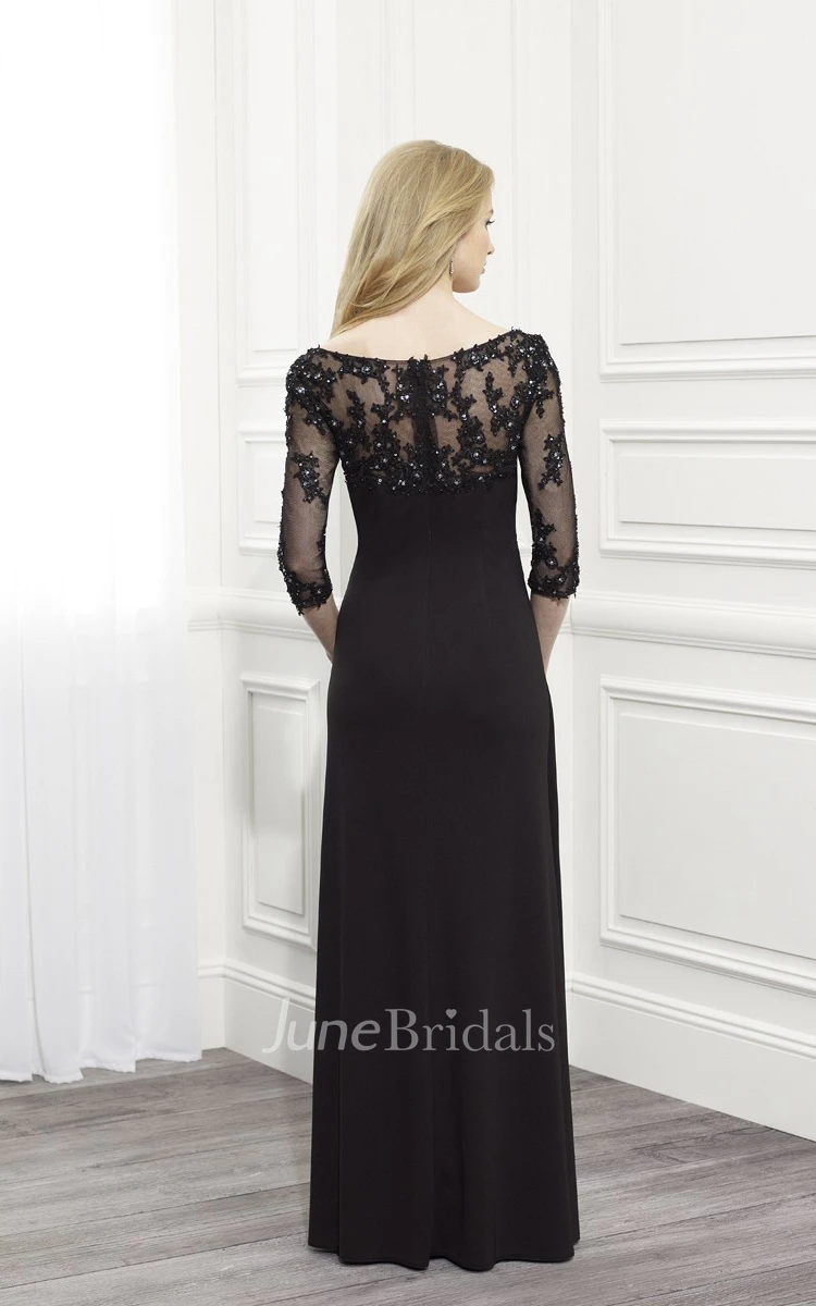 Sheath Floor-Length Appliqued Bateau-Neck Half-Sleeve Jersey Formal Dress With Beading