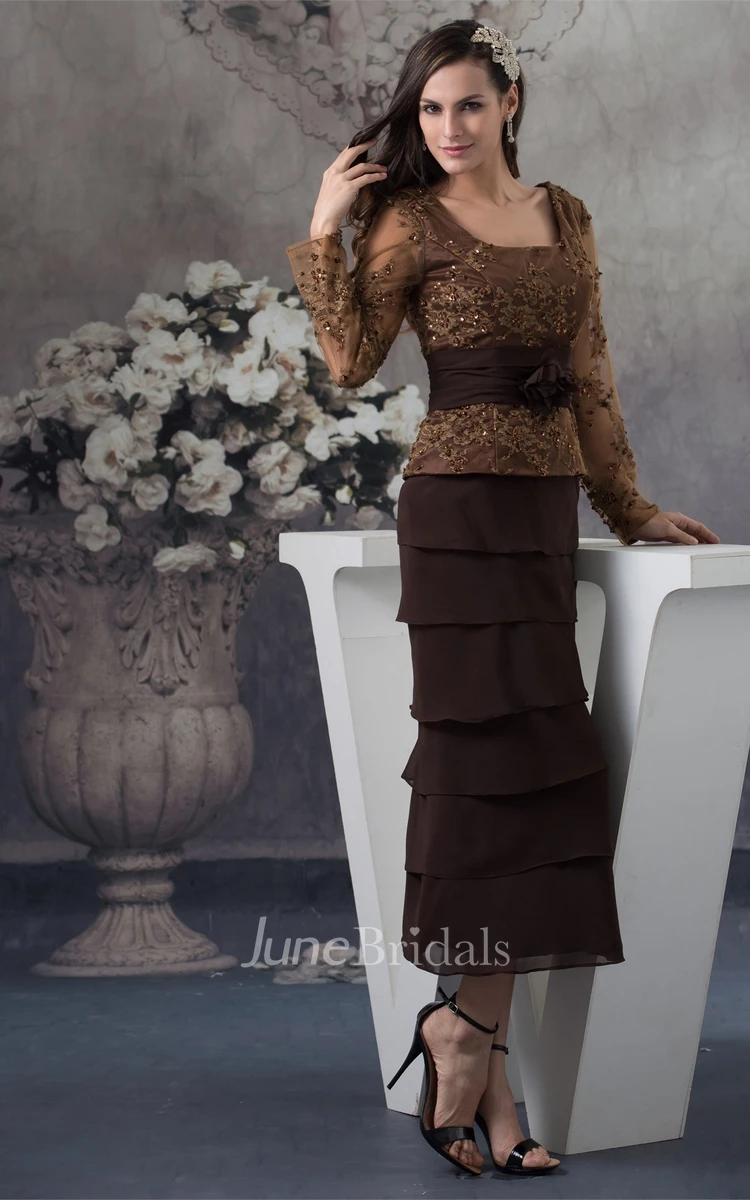 Classic Square-Neck Long-Sleeve Ankle-Length Dress with Tiers and Appliques