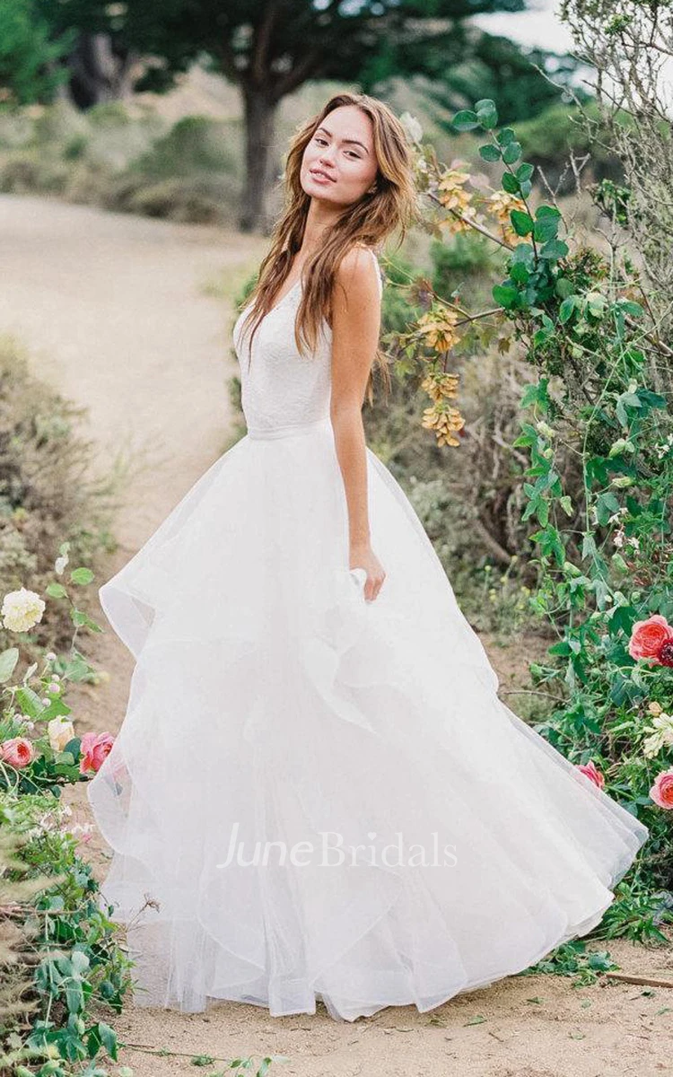 Multi Layered V-neck Tulle Wedding Dress With Ruffles