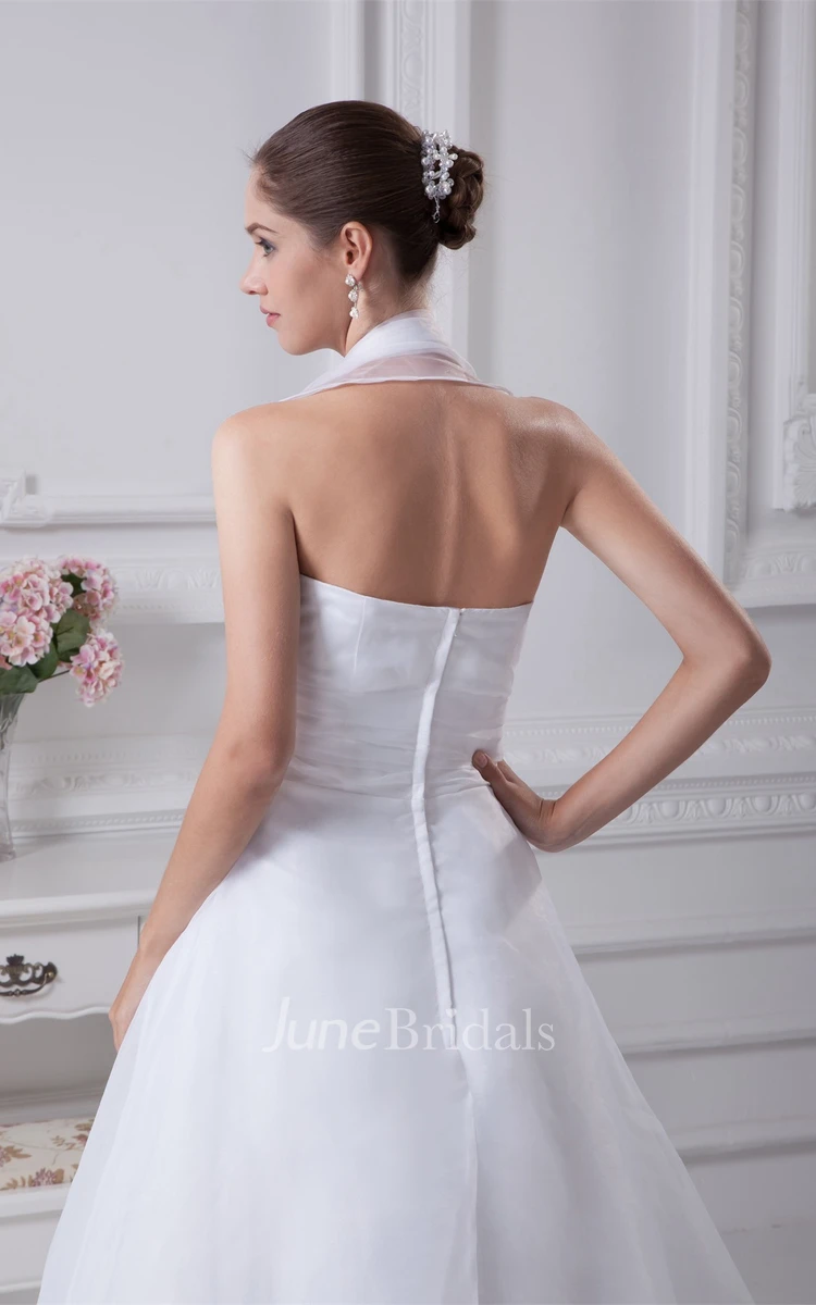 Strapless A-Line Halter Gown with Bowed Sash Zipper Back