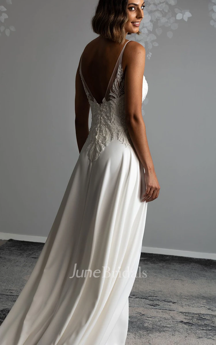 A-Line V-neck Spandex Casual Wedding Dress With Deep-V Back And Appliques