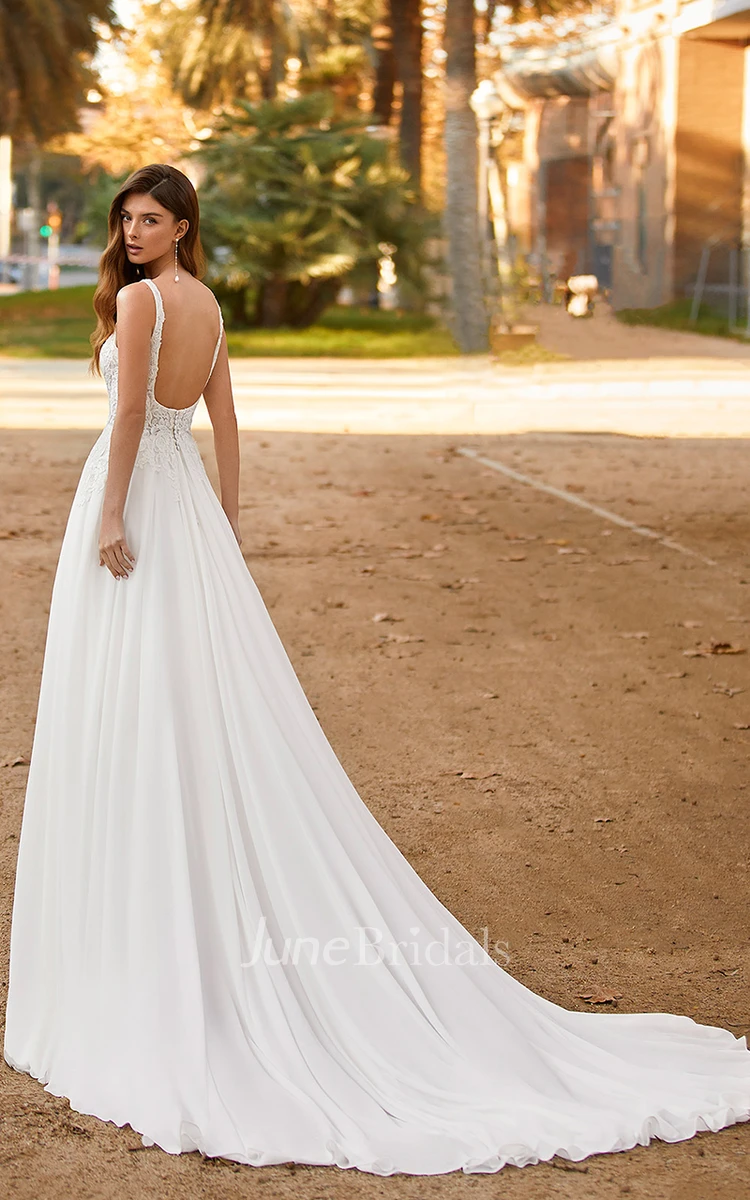 A-Line Scoop Chiffon Beach Romantic Wedding Dress With Open Back And Split Front