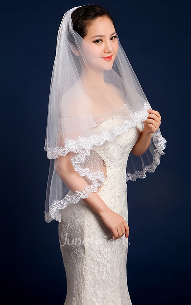 Simple Two Layered Tulle Elbow Wedding Veil with Lace Edge