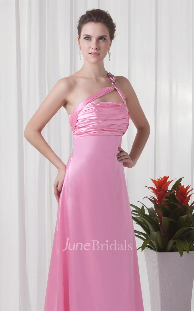 satin sheath floor-length sleeveless dress with brush train and ruching