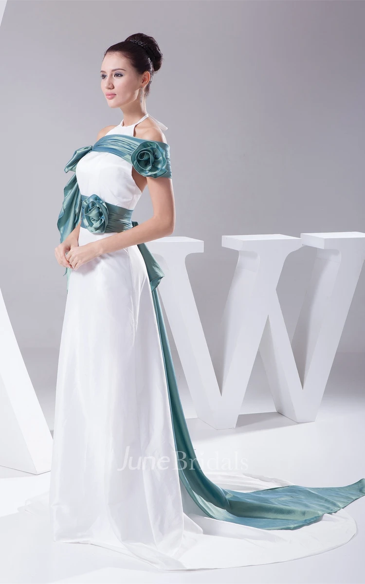 Satin Sleeveless A-Line Gown with Wrap and Flower