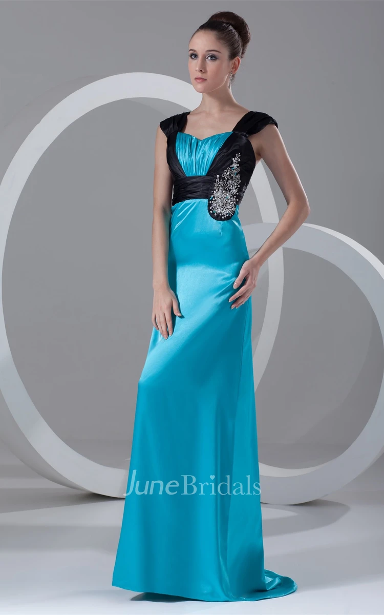 Caped-Sleeve Satin Floor-Length Dress with Beading and Brush Train