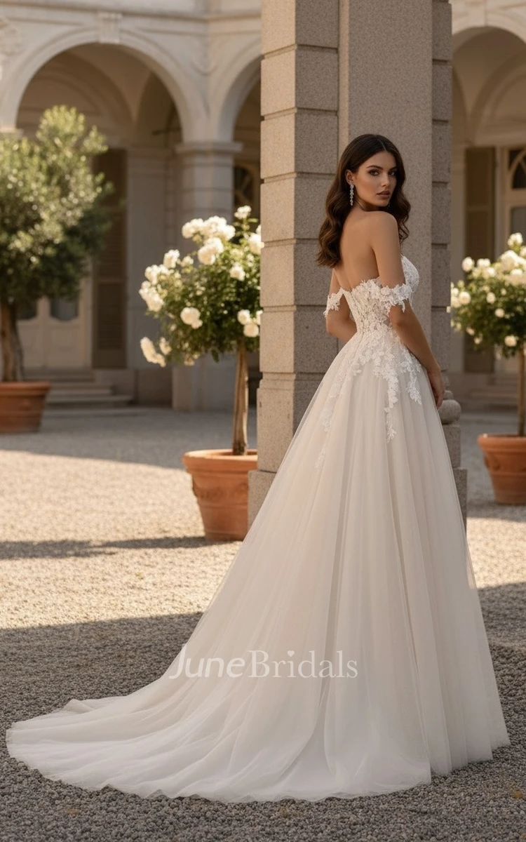 Modern Floral Boho Lace Off-the-Shoulder A-Line Spring Wedding Dress Sexy Princess Split Front Sleeveless Applique Bridal Gown