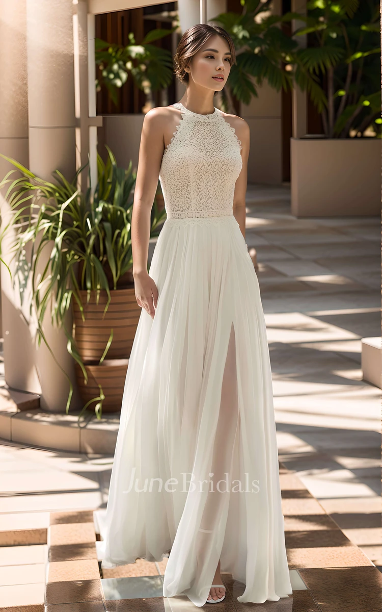 Vintage Elegant A-Line Jewel Neck Pleats Chiffon Lace Wedding Dress Ethereal Beach Split Front Sleeveless Floor-length Bridal Gown with Button Back