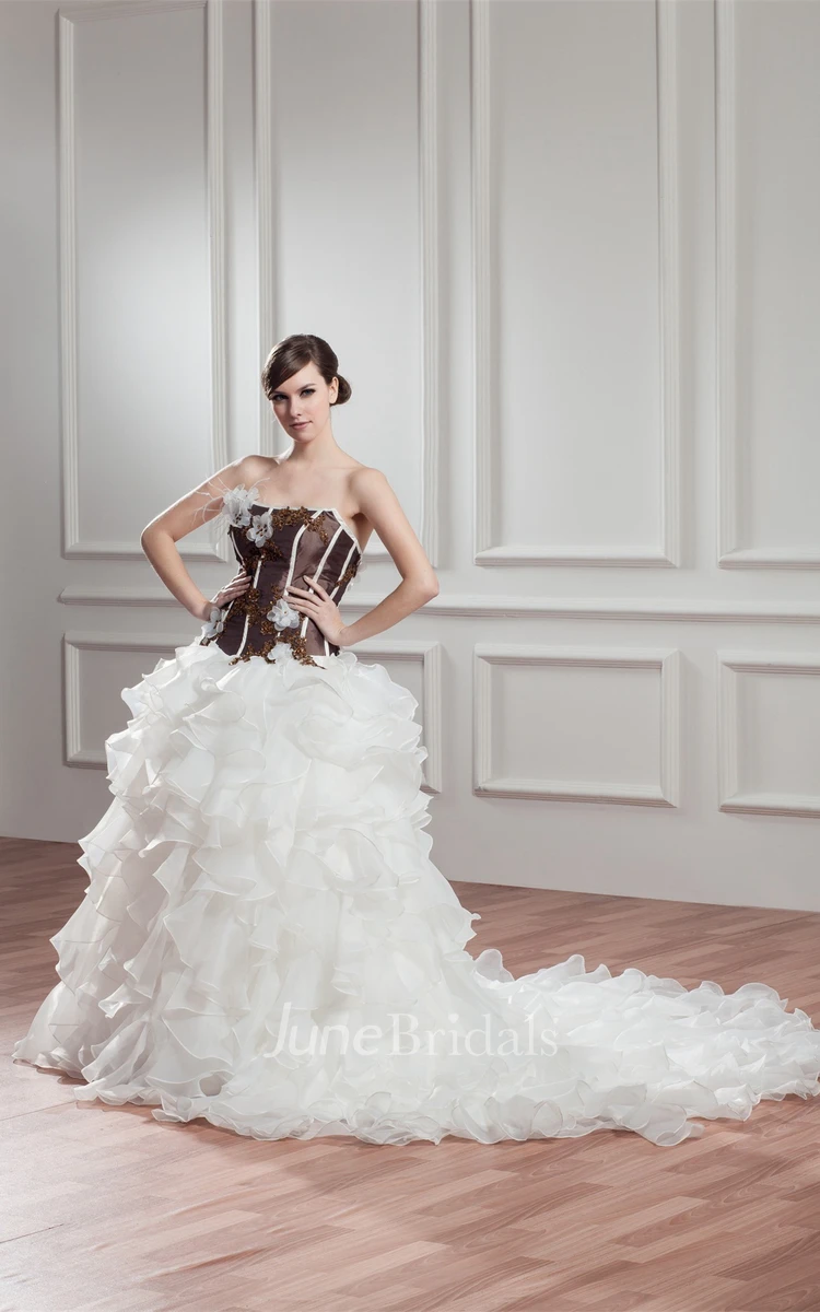 Strapless Appliqued Ball Gown with Flower and Cascading Ruffles