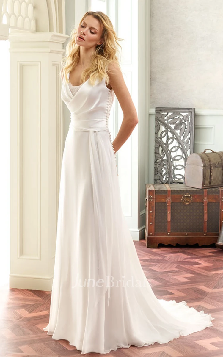 Maxi V-Neck Appliqued Chiffon Wedding Dress With Sweep Train And V Back
