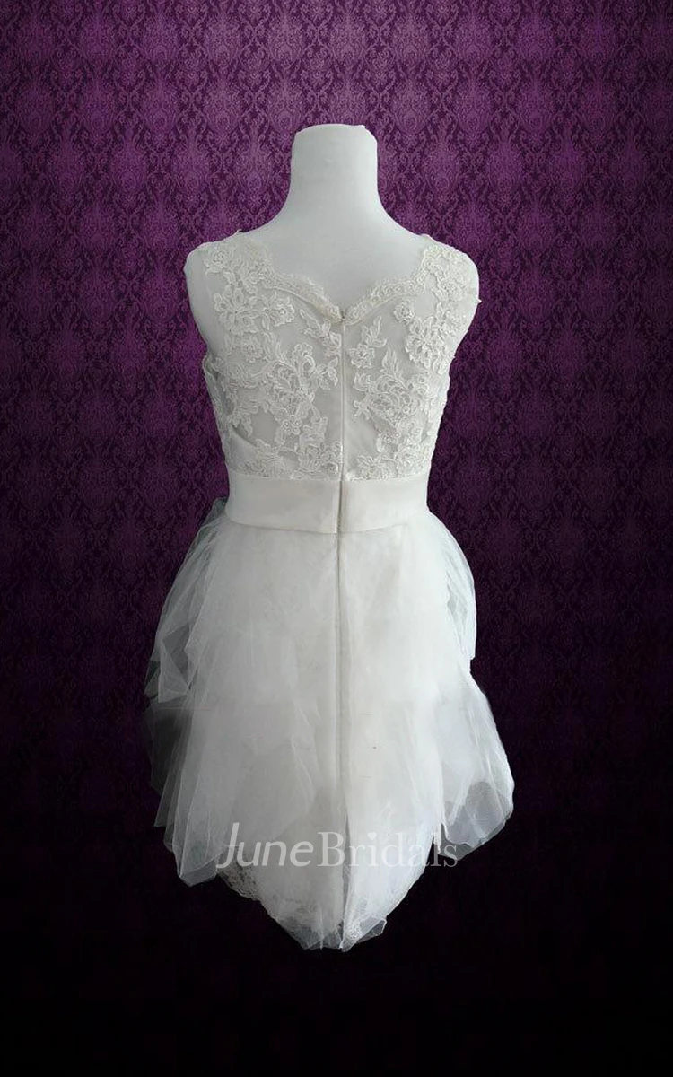 Sleeveless Sheath Short Tulle Wedding Dress With Sash And Jewel Neck