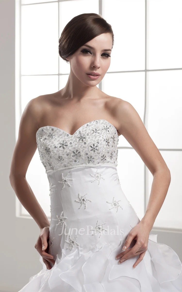 Strapless A-Line Appliqued Gown with Jewels and Ruffles