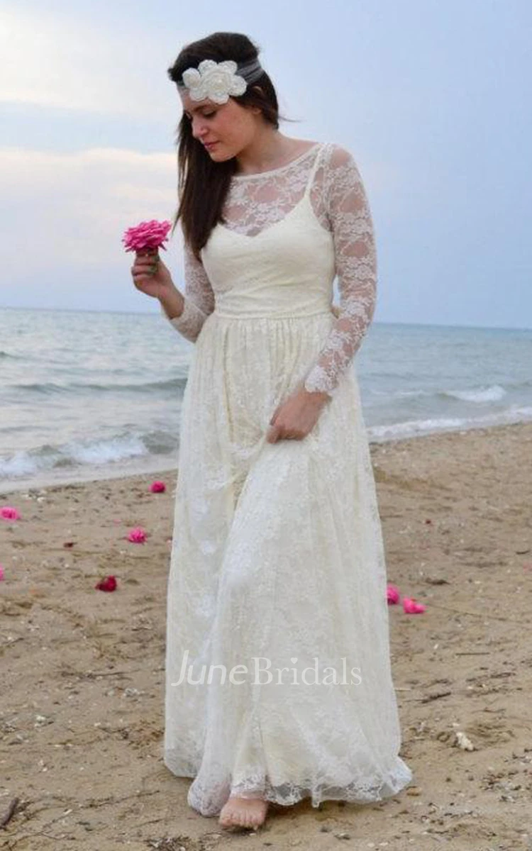 Scoop-Neck Lace Illusion Long Sleeve Wedding Dress With Pleats and Korean Rhinestone Lace Collar Hair Band