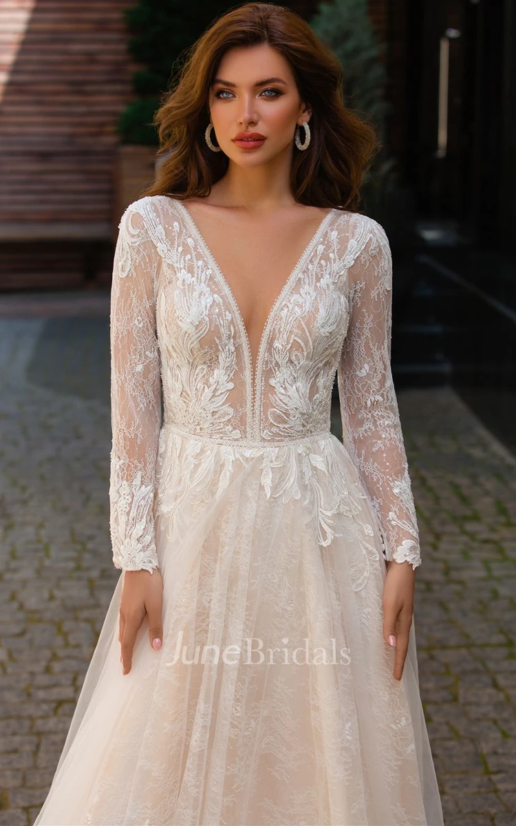Long Sleeved A Line Plunging Neckline Tulle Wedding Dress with Appliques