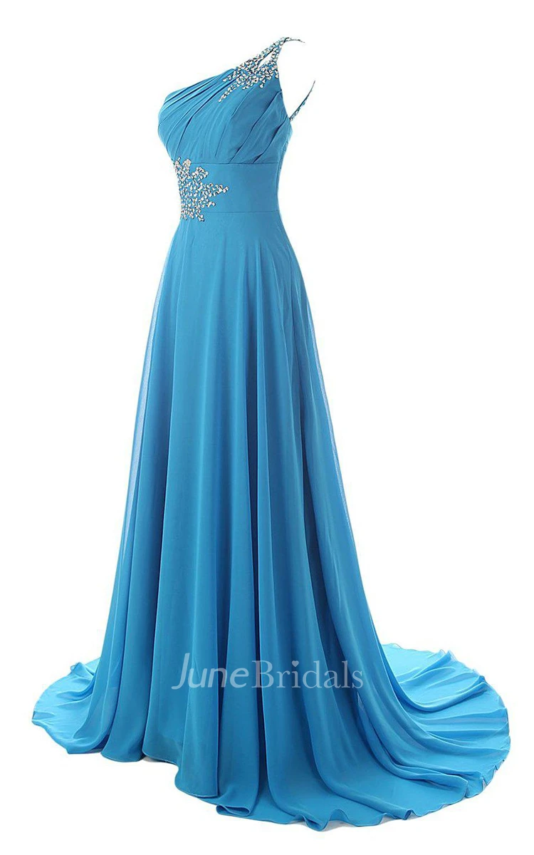 One-shoulder Chiffon Gown With Beaded Detail