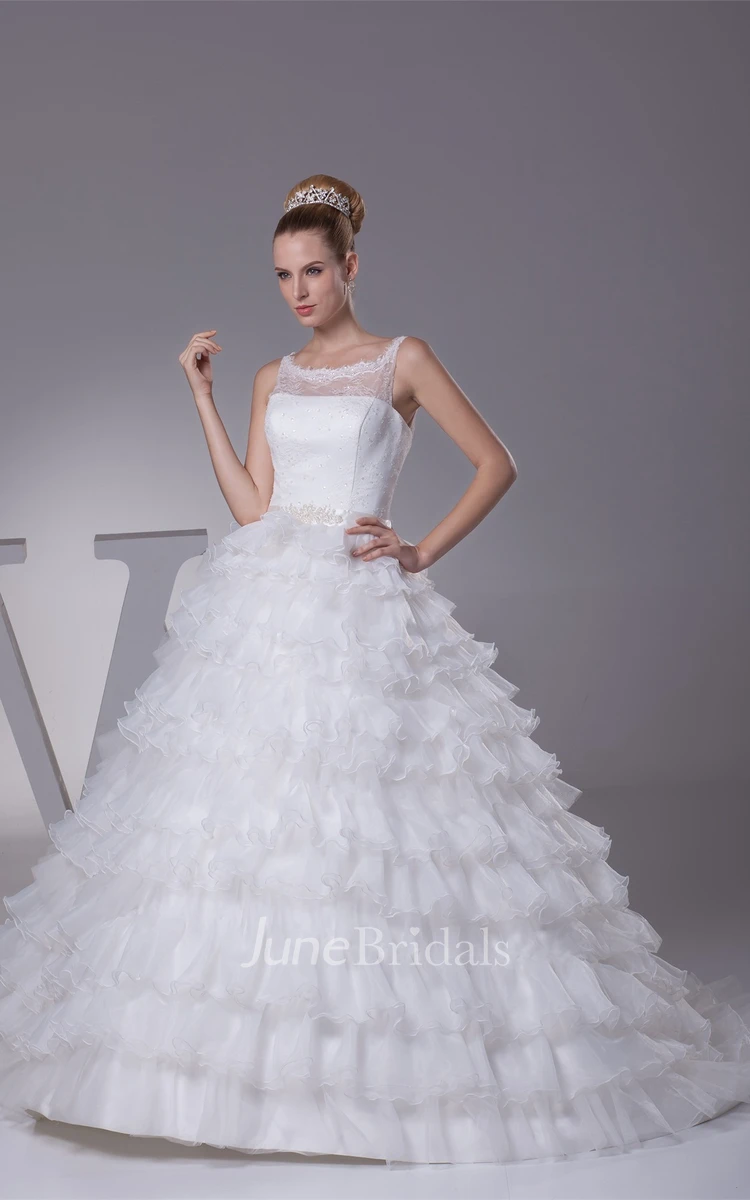 Tiered A-Line Ruffled Ball Gown with Illusion Neckline