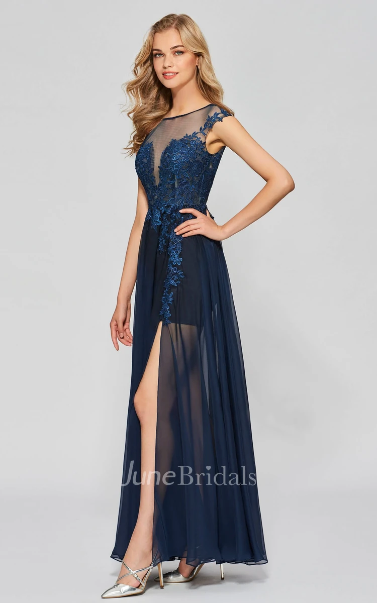 Split Front A-line Sexy Bateau Chiffon Gown With Lace Appliques And Deep V-back
