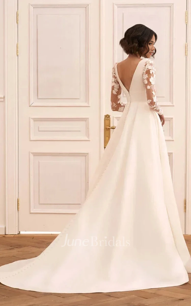 Modern A-Line V-neck Satin Lace Long Sleeve Wedding Dress Romantic V Back Bridal Gown with Train