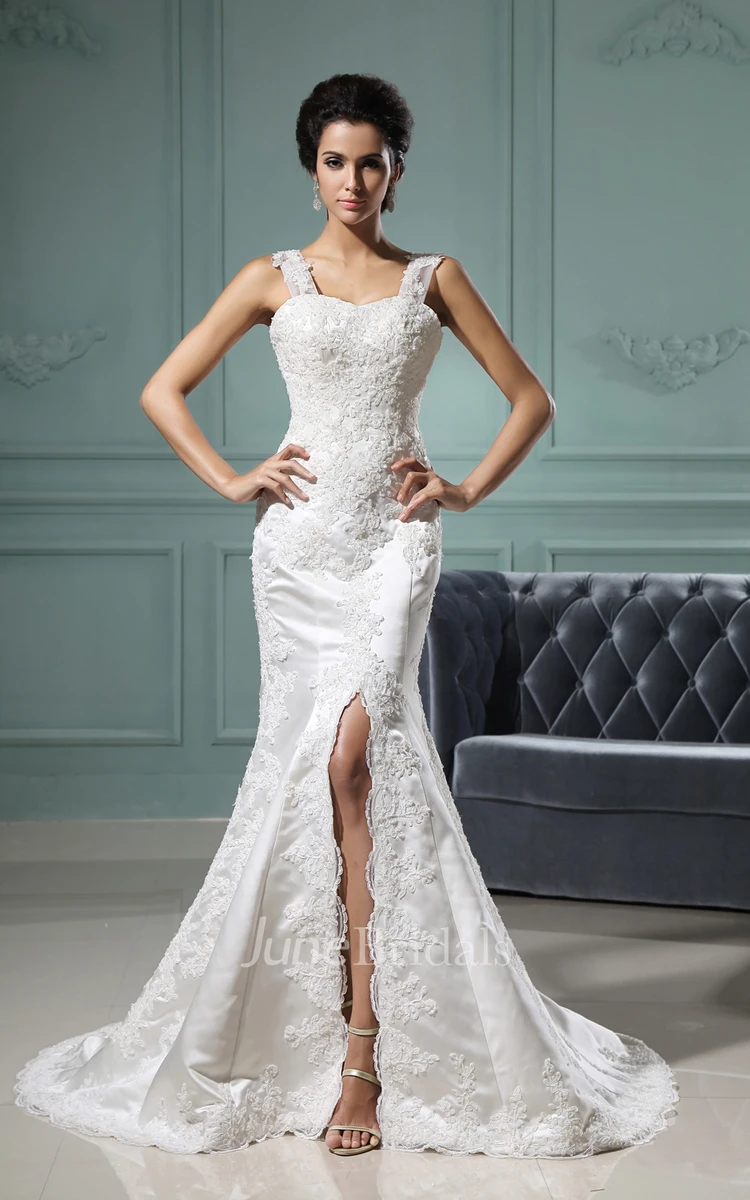 Slited Sweetheart Sleeveless Strap Neckline Gown With Detailing
