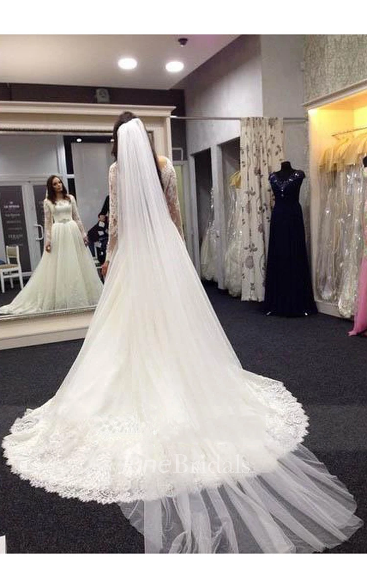 Elegant Bateau Long Sleeve Tulle Wedding Dress With Lace