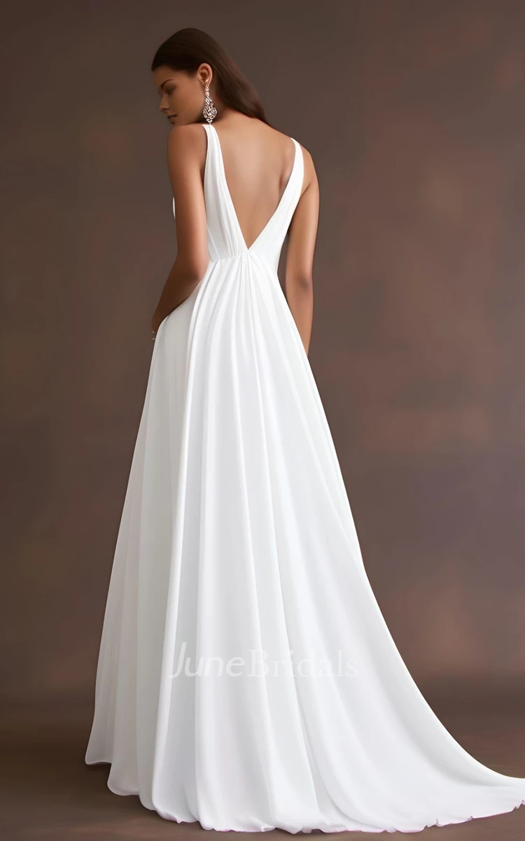 Casual A-Line V-neck Chiffon Sleeveless Wedding Dress with Split Front Country Garden Ethereal Modern Floor-length