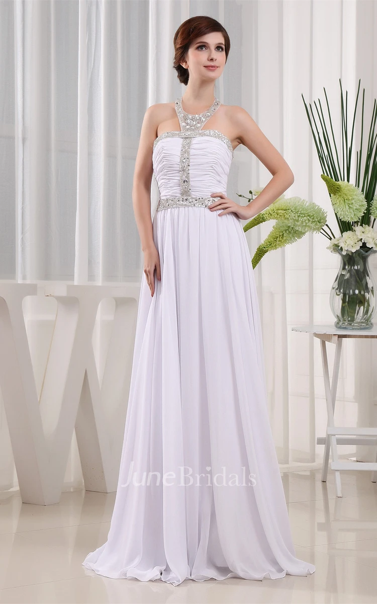 Sleeveless High-Neck Ruched Dress with Pleats and Crystal Detailings