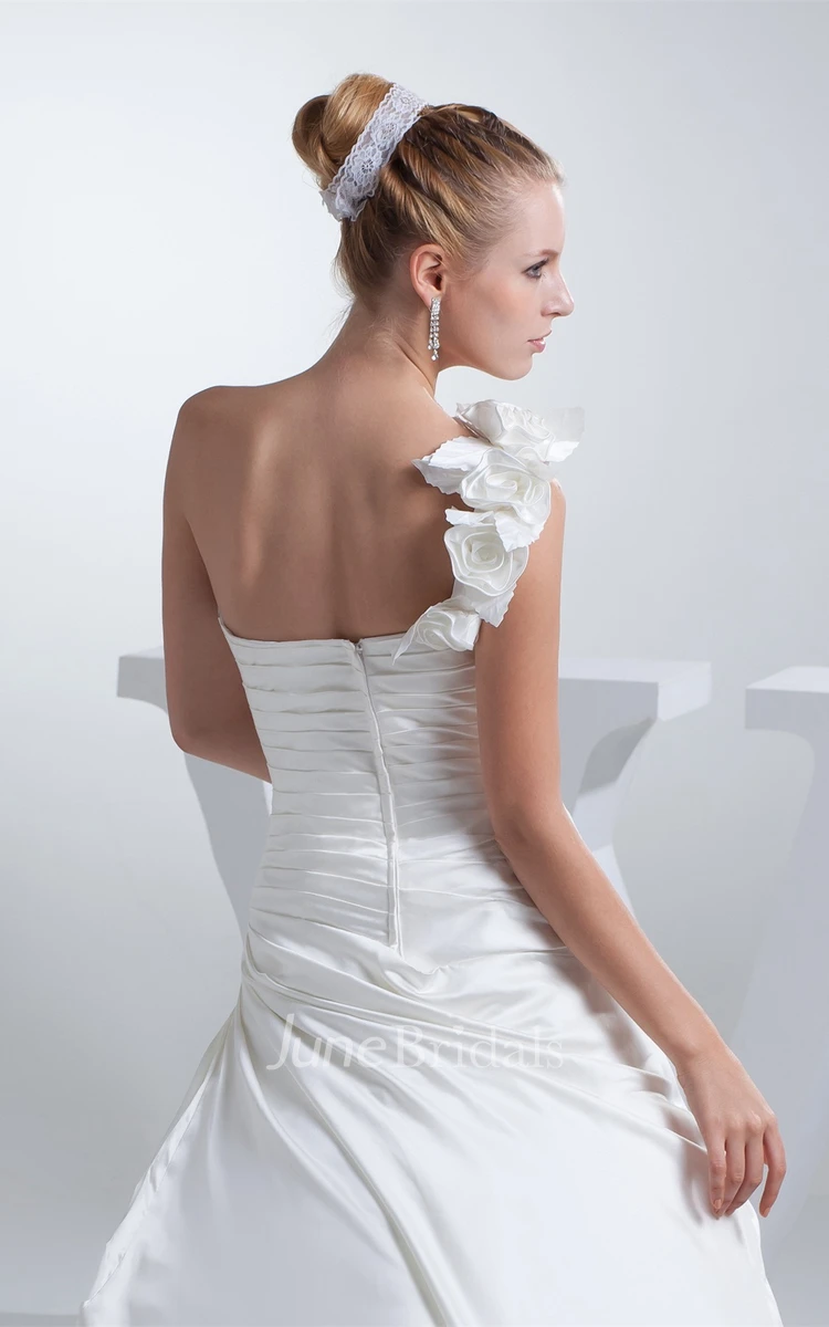 Flowered One-Shoulder Ruched Satin Dress with Side Draping and Ruffles