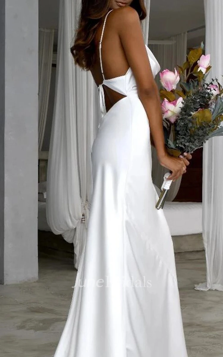 Sheath V-neck Satin Romantic Wedding Dress Simple Sexy Elegant Adorable Summer Garden With Deep-V Back And Sleevesless 