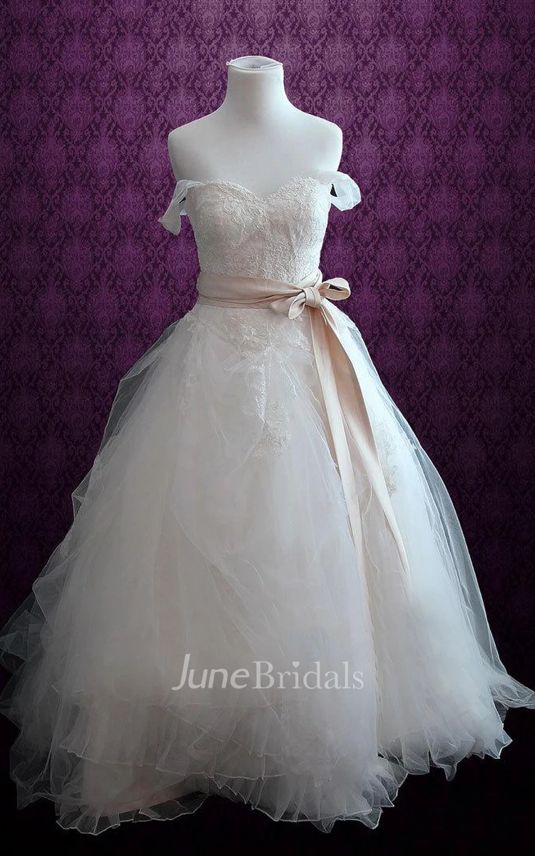 Straped Sweetheart Dress With Organza Ruffles And Sash And Bow