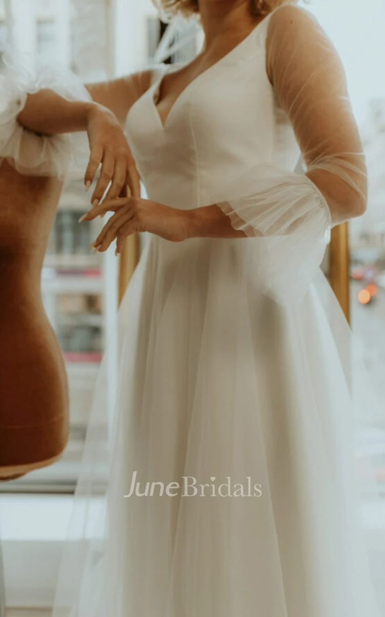 Simple A Line Tulle V-neck Bell Wedding Dress with Ruching