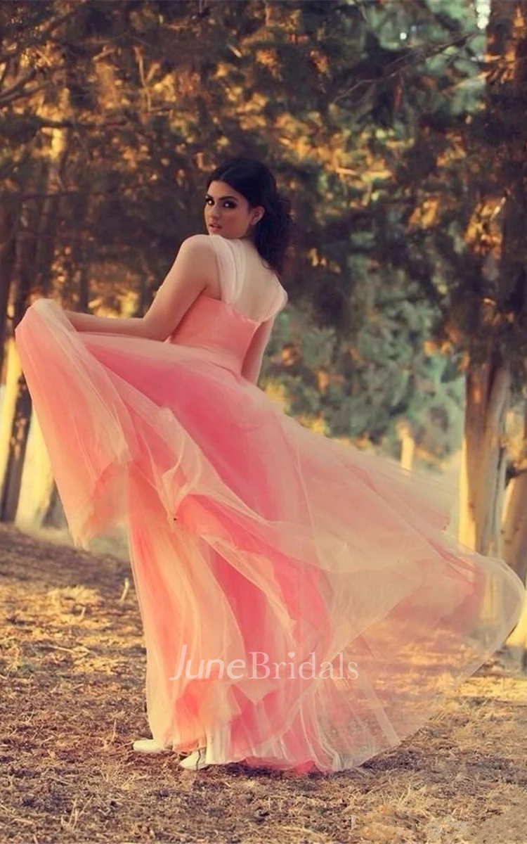 Romantic Cap Sleeve Tulle Pink Evening Dress Crystals Floor-length