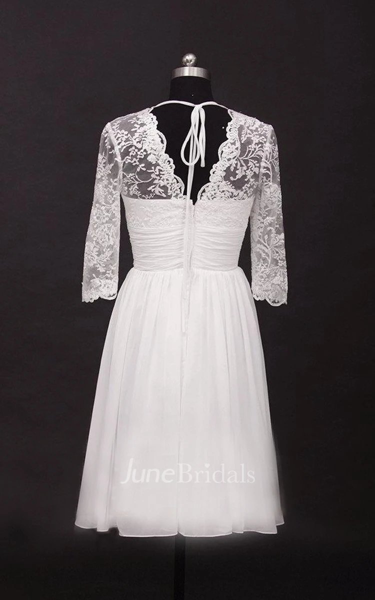 Scalloped Low-V Back Chiffon Wedding Dress With Ruching And Illusion Sleeve