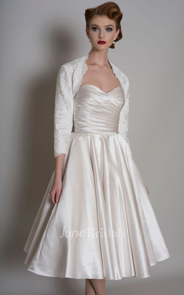 A-Line Sweetheart Criss-Cross Midi Satin Wedding Dress With Cape