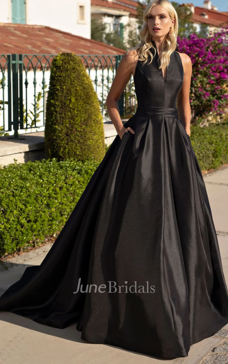 Simple Ball Gown Sleeveless Satin V-neck Brush Train Floor-length Guest Dress with Ruching