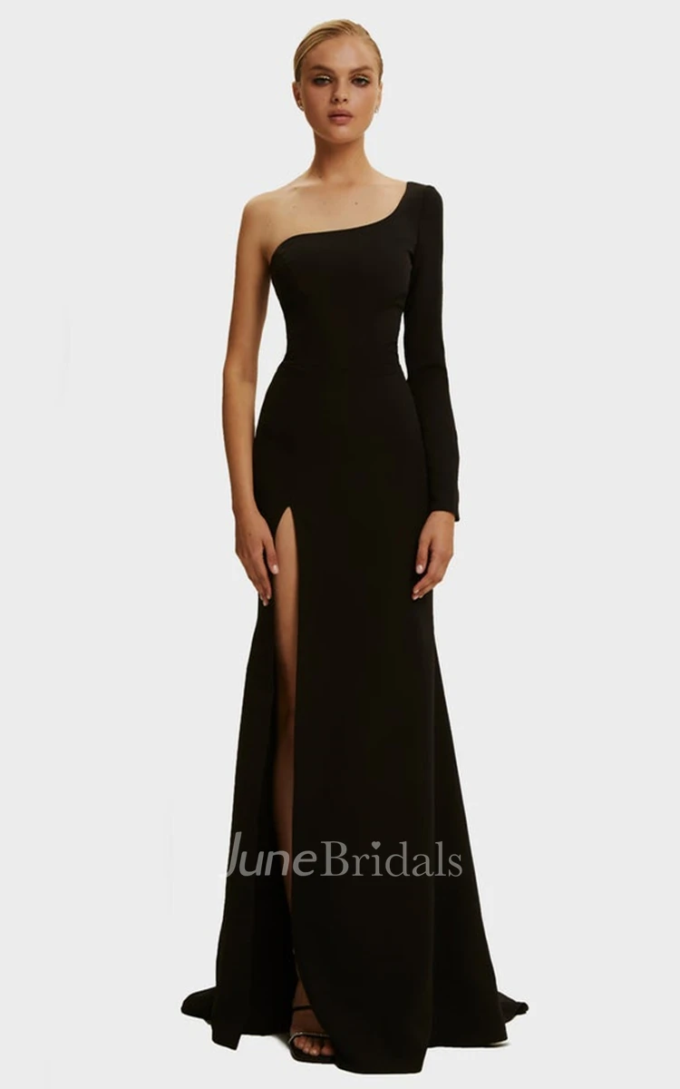 One-shoulder Sexy Sheath Satin Prom Dress with Split Front