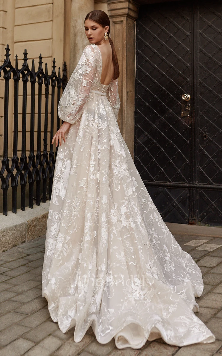 Ethereal Floral Boho Long Sleeve Wedding Dress Sexy Sheer Illusion