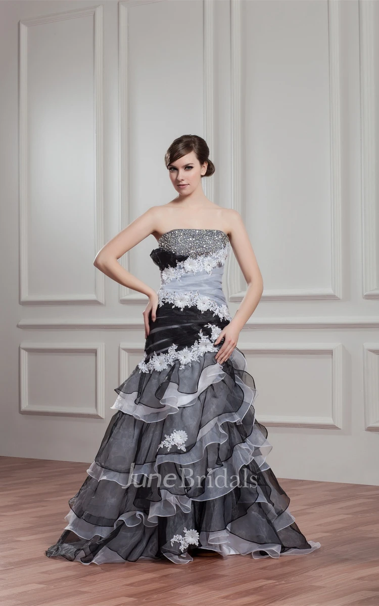 Black-And-White Tiered A-Line Gown with Flower and Rhinestone