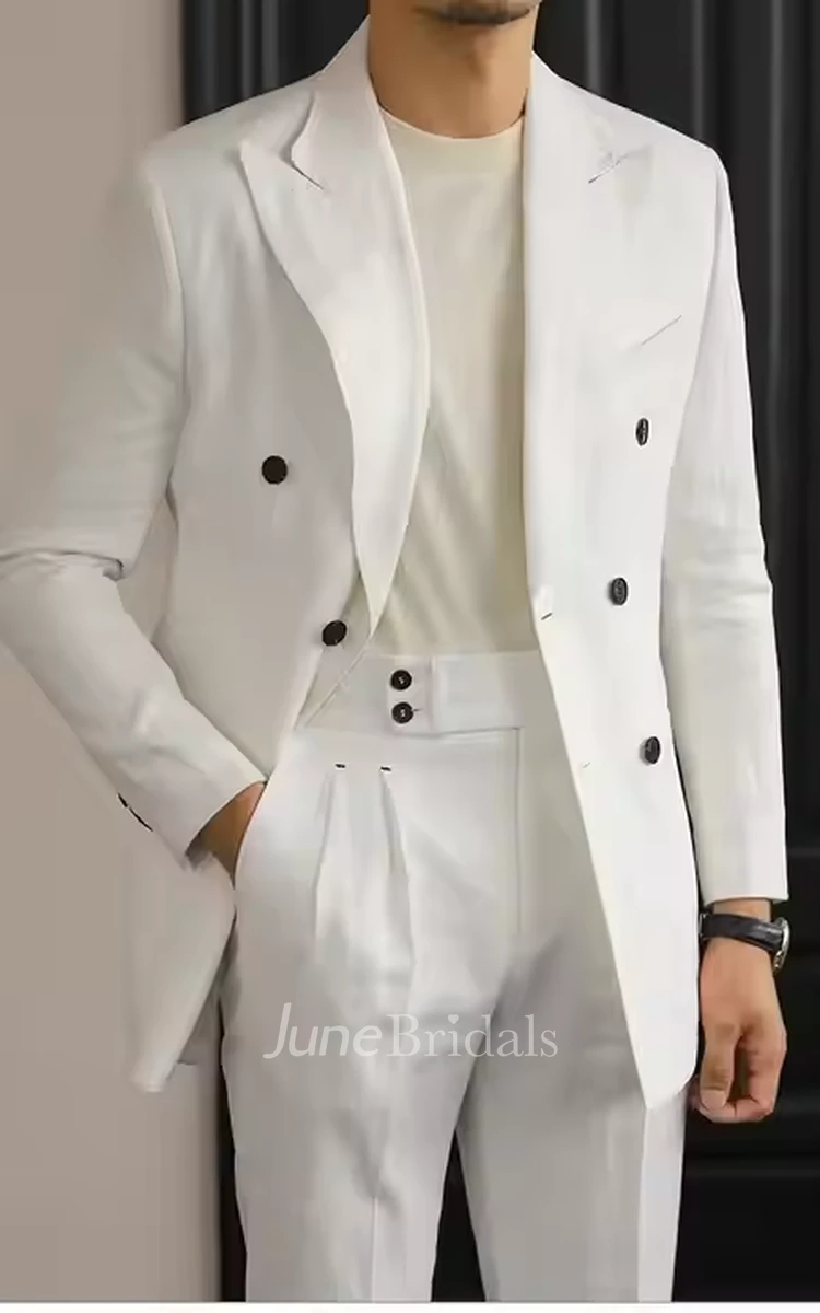 Modern White Two-Piece Tuxedo Wedding Suits Beach Fashion Peaked Lapels Double-Breasted Groom Tuxedo Blazer Jacket Pants