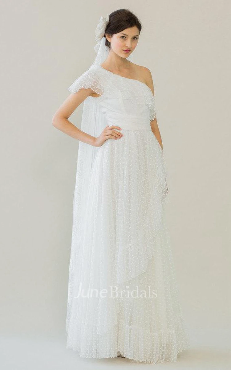 One Shoulder A-Line Dotted Tulle Wedding Dress With Ruffles