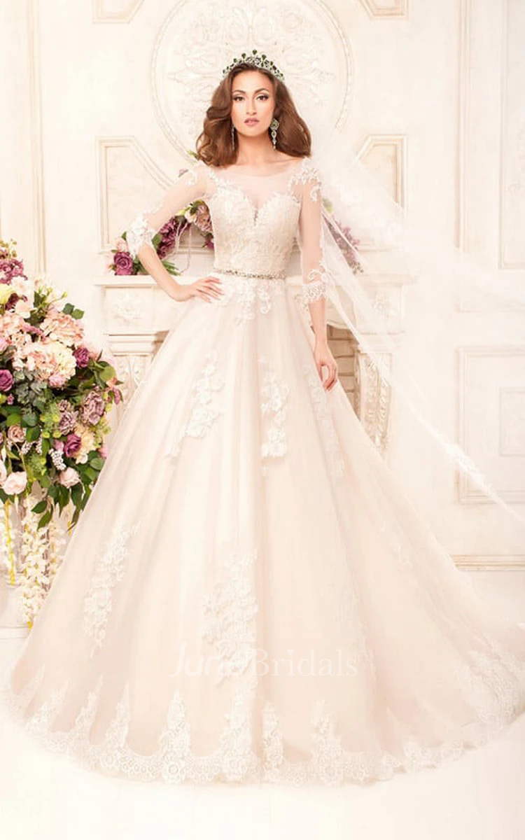 Ball Gown Long Scoop 3-4-Sleeve Illusion Lace Dress With Appliques And Waist Jewellery