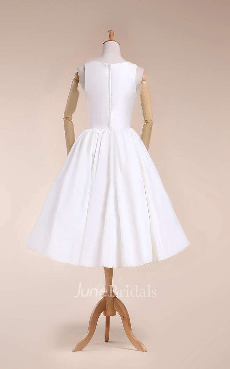V-Neck Sleeveless A-Line Tea-Length Satin Wedding Dress