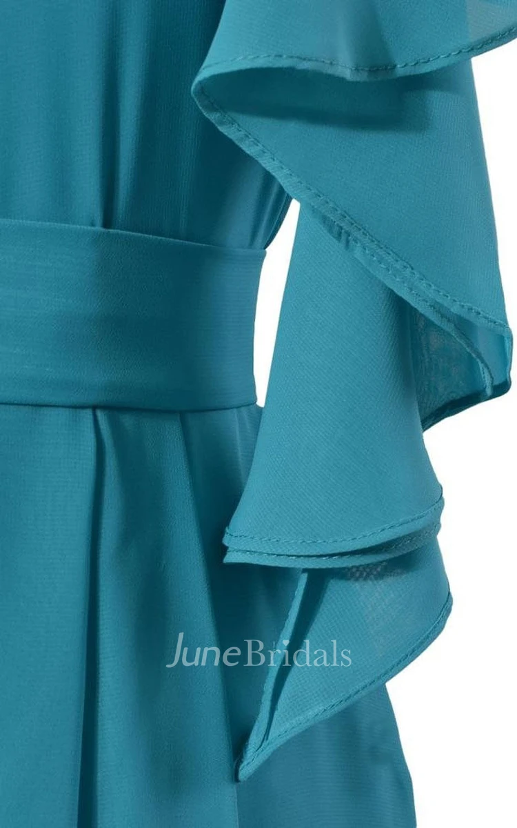One-shoulder Drapped Sleeve Knee-length Pleated Chiffon Dress