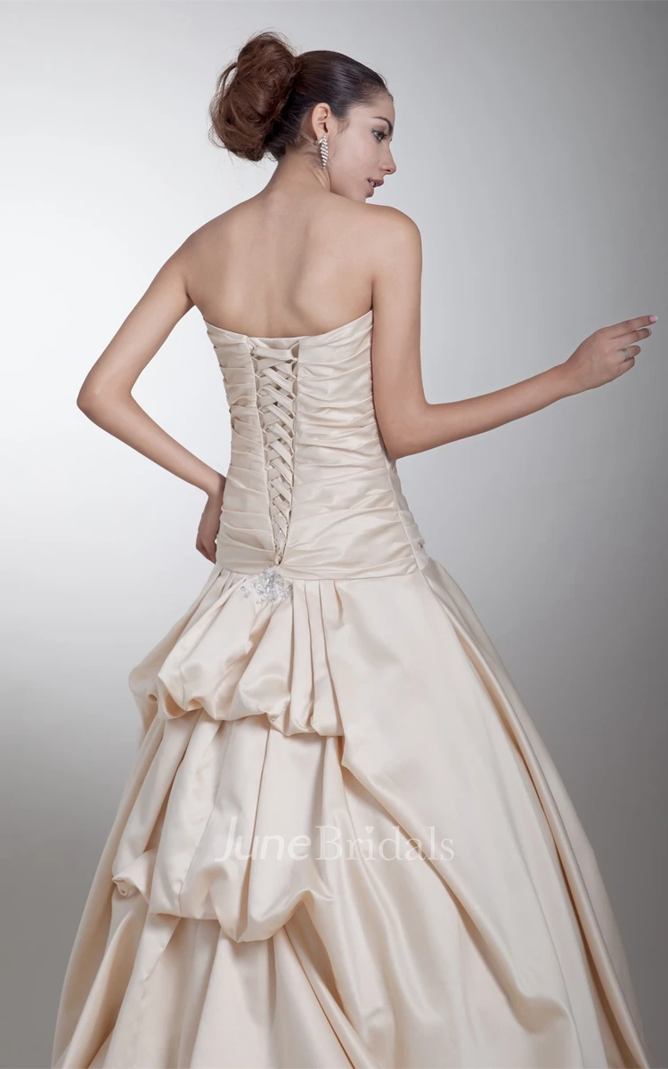 strapless ball jeweled gown with court train and ruched bodice