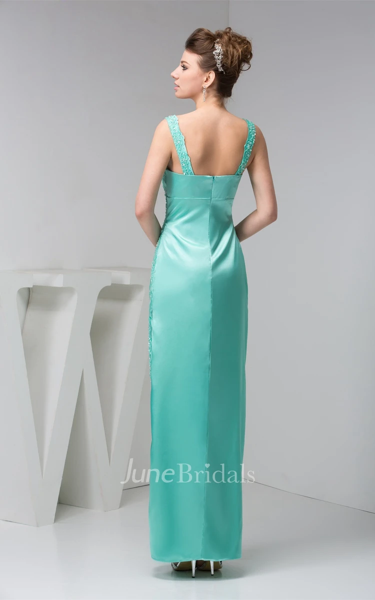 Ankle-Length Front-Split Satin Dress with Stress and Beading