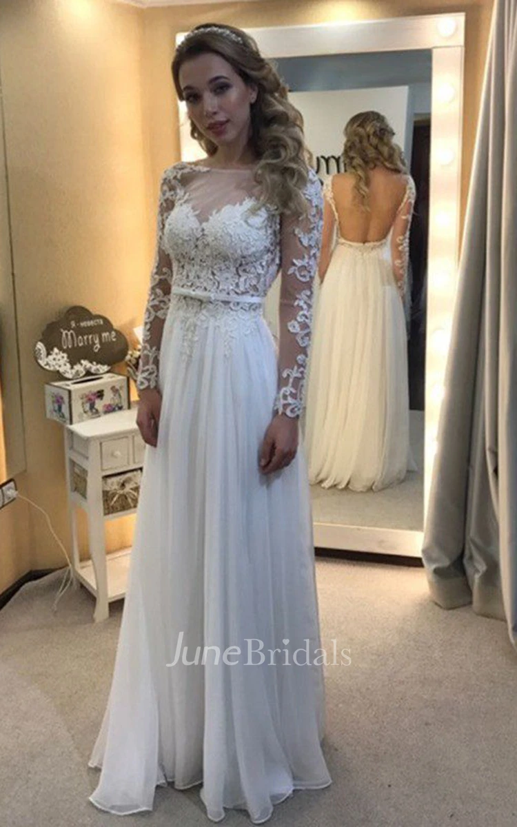 A-line Bateau Floor-length Long Sleeves Lace Chiffon Wedding Dresses