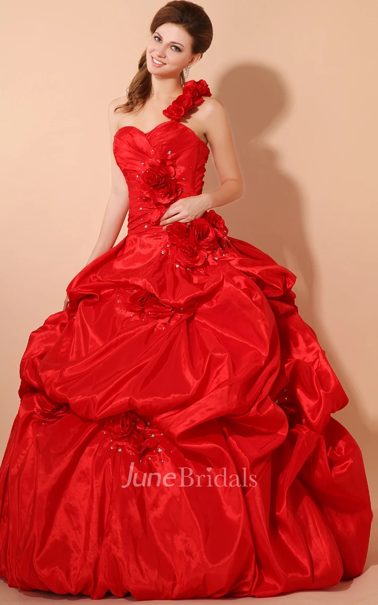 Flamboyant A-Line Sweetheart Sleeveless Ball Gown With Pick-Up Ruffles And Flower