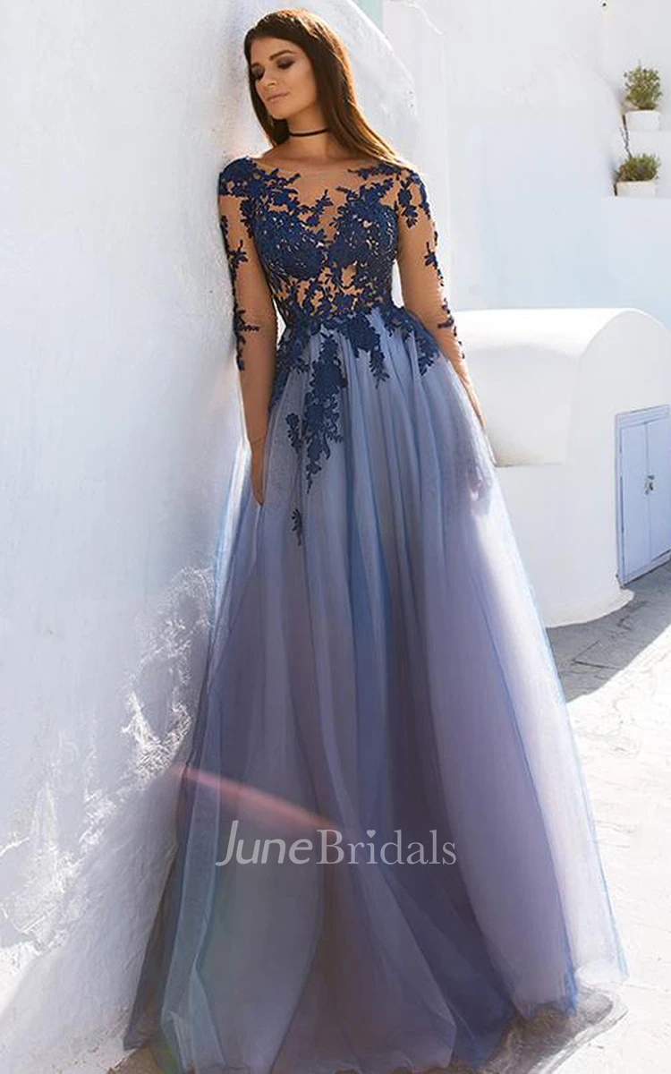 Sexy A Line Bateau Lace Tulle Long Sleeve Prom Dress With Appliques