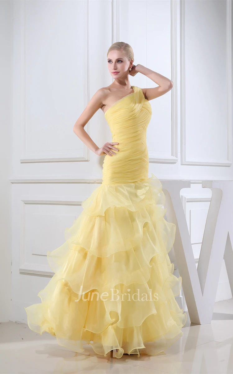 One-Shoulder Ruffled A-Line Gown with Ruching and Tiers