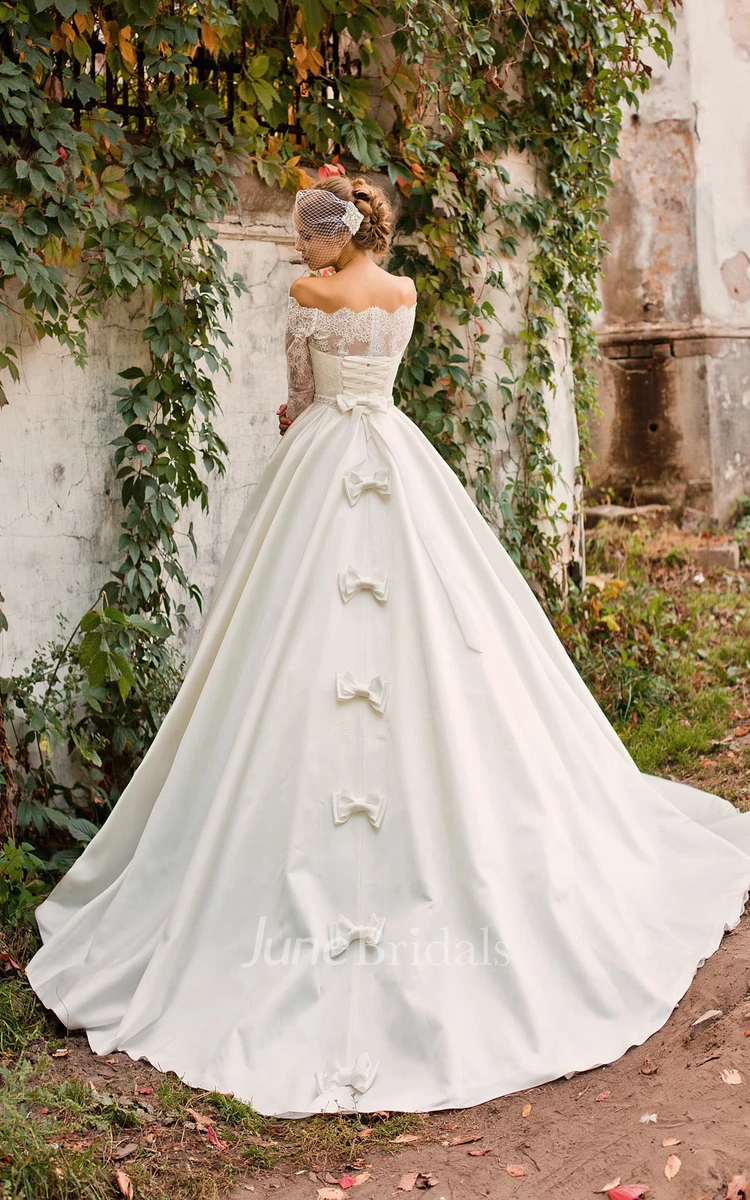Off-the-shoulder A-line Satin Wedding Dress With Lace Bodice And Beaded Waist