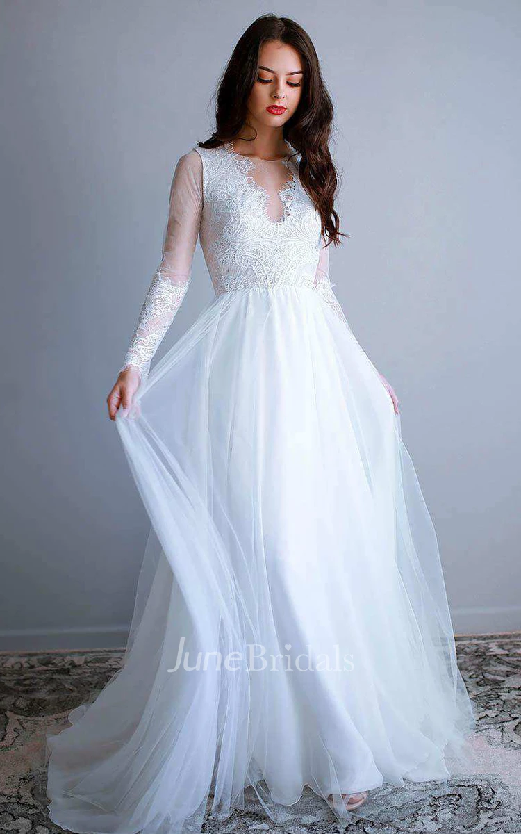 Illusion Scoop-Neck Long Sleeve Lace Tulle Wedding Dress With Pleats